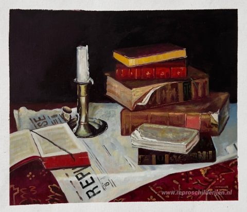 Stilleven met boeken en kaars  – met de hand geschilderde reproductie, foto van het voltooide schilderij