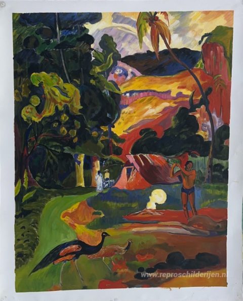 Landschap met pauwen – met de hand geschilderde reproductie, foto van het voltooide schilderij