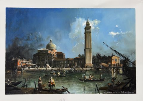Nachtelijke viering buiten de kerk van San Pietro di Castello – met de hand geschilderde reproductie, foto van het voltooide schilderij