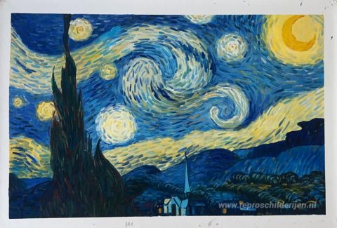 De Sterrennacht – met de hand geschilderde reproductie, foto van het voltooide schilderij