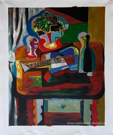 Gitaar, fles, fruitschaal en glas op tafel – met de hand geschilderde reproductie, foto van het voltooide schilderij