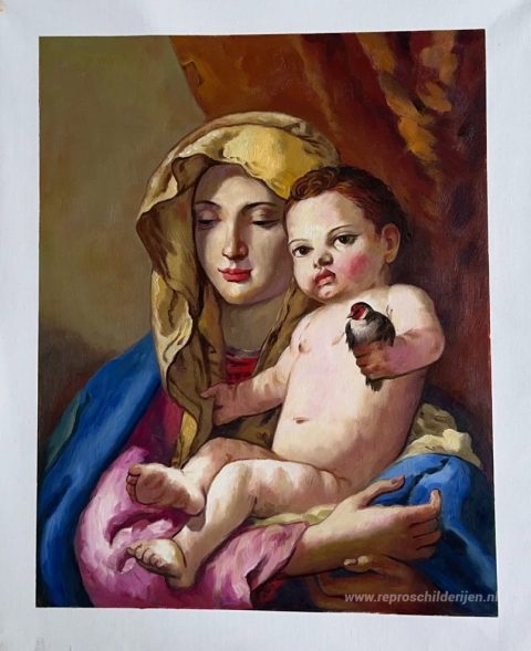 Madonna van het puttertje – met de hand geschilderde reproductie, foto van het voltooide schilderij