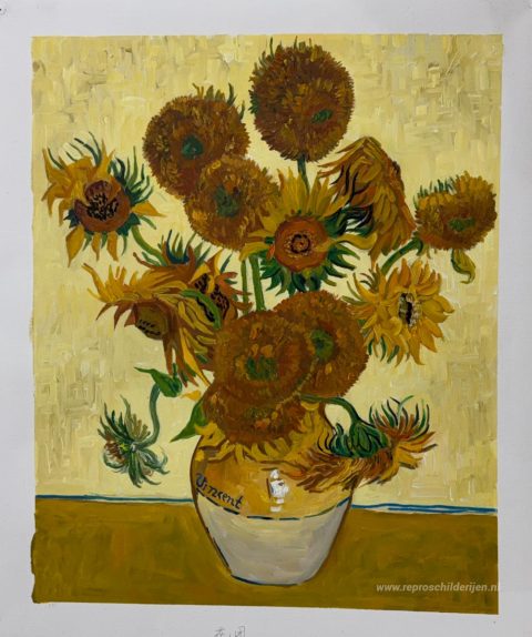 Stilleven - Vaas met vijftien zonnebloemen – met de hand geschilderde reproductie, foto van het voltooide schilderij