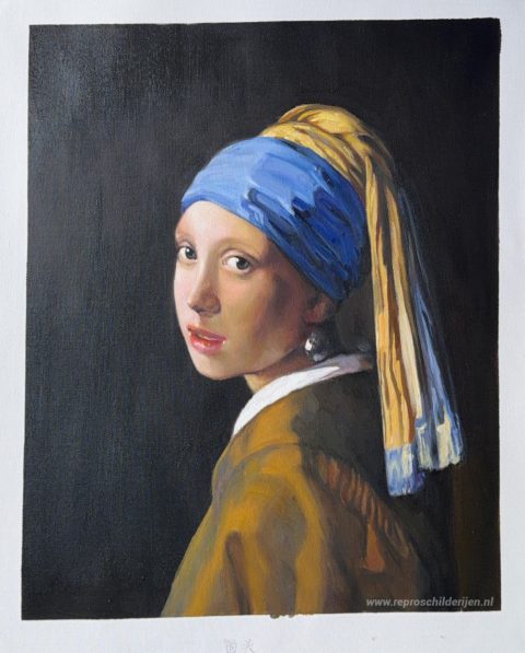 Het meisje met de parel – met de hand geschilderde reproductie, foto van het voltooide schilderij