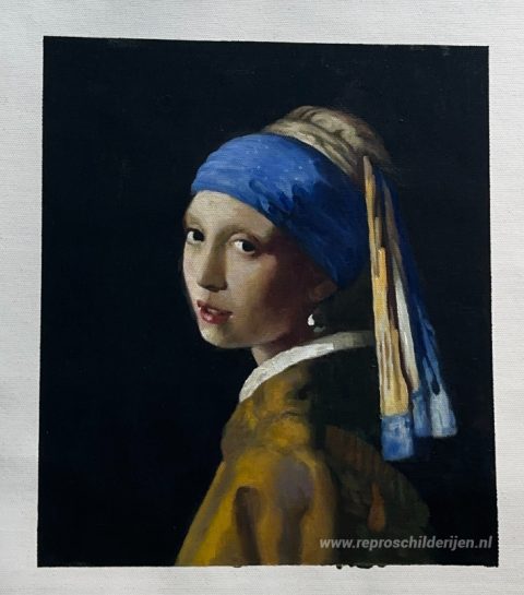 Het meisje met de parel – met de hand geschilderde reproductie, foto van het voltooide schilderij