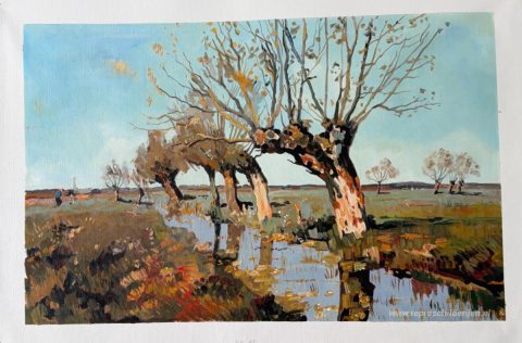 Knotwilg Aan De Zijkant Van De Broo – met de hand geschilderde reproductie, foto van het voltooide schilderij