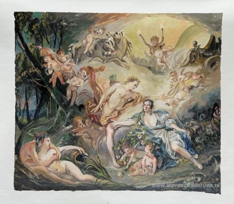 Apollo onthult zijn goddelijkheid aan de herderin Isse – met de hand geschilderde reproductie, foto van het voltooide schilderij