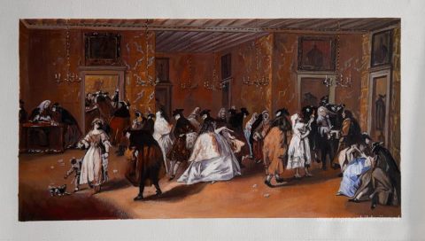 Gemaskerde bijeenkomst – met de hand geschilderde reproductie, foto van het voltooide schilderij