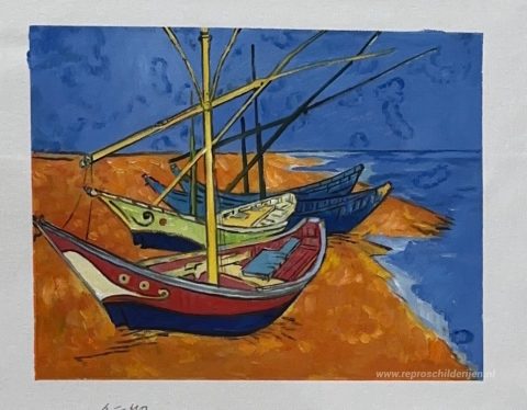 Vissersboten op het strand van Saintes-Maries-de-la-Mer – met de hand geschilderde reproductie, foto van het voltooide schilderij