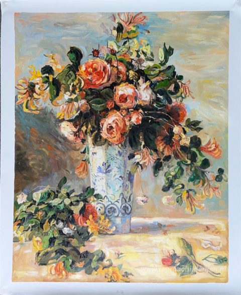 Rozen en Jasmijn in een Delftse Vaas – met de hand geschilderde reproductie, foto van het voltooide schilderij