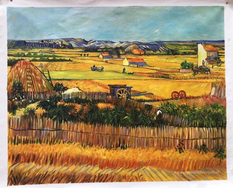 Oogst in La Crau, met Montmajour op de achtergrond – met de hand geschilderde reproductie, foto van het voltooide schilderij