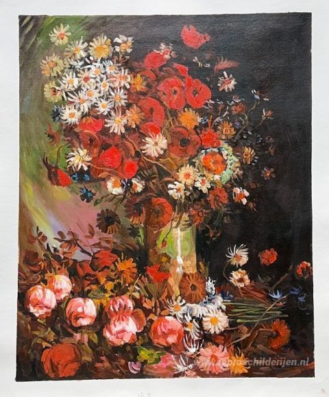 Vaas met klaprozen, korenbloemen, pioenrozen en chrysanten  – met de hand geschilderde reproductie, foto van het voltooide schilderij