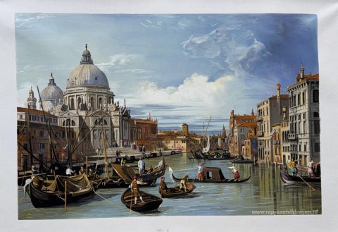 Het Canal Grande en de Kerk van de Salute – met de hand geschilderde reproductie, foto van het voltooide schilderij