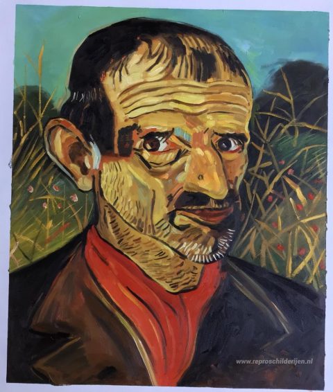 Zelfportret met rode sjaal – met de hand geschilderde reproductie, foto van het voltooide schilderij