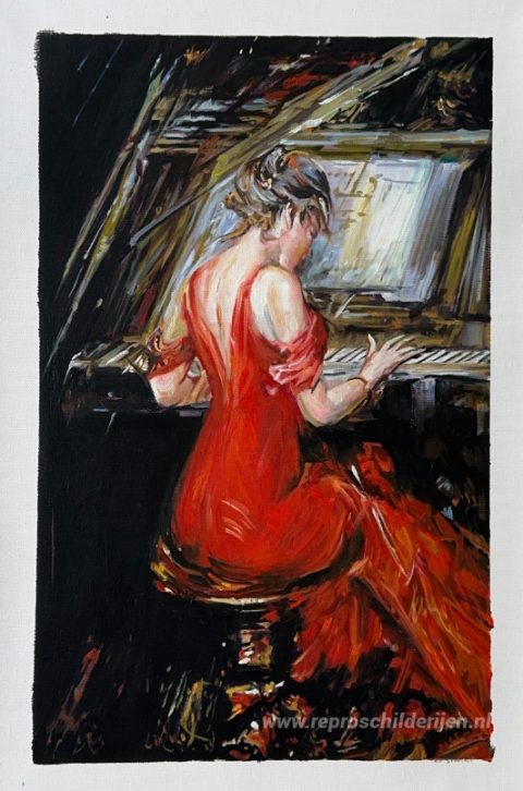 De vrouw in het rood – met de hand geschilderde reproductie, foto van het voltooide schilderij
