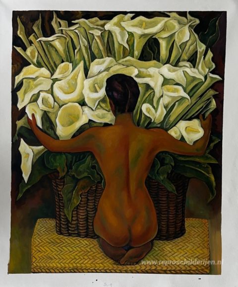 Naakt met Calla lelies – met de hand geschilderde reproductie, foto van het voltooide schilderij