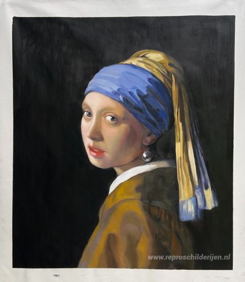 Het meisje met de parel – met de hand geschilderde reproductie, foto van het voltooide schilderij