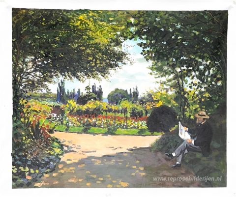Adolphe Monet leest in de tuin – met de hand geschilderde reproductie, foto van het voltooide schilderij