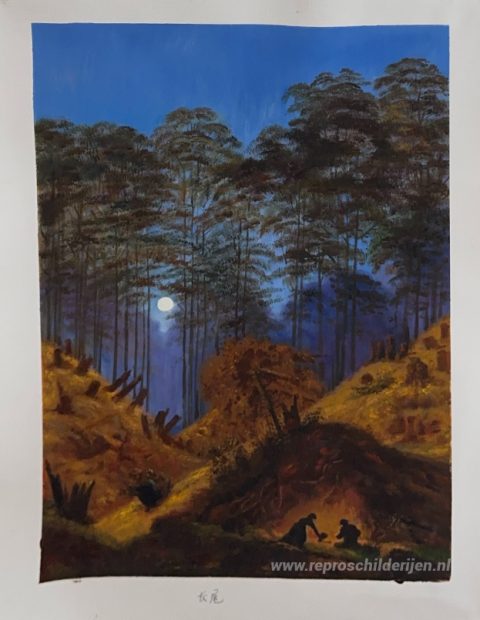 In het bos onder het maanlicht – met de hand geschilderde reproductie, foto van het voltooide schilderij