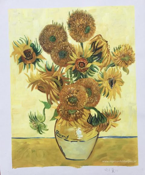 Stilleven - Vaas met vijftien zonnebloemen – met de hand geschilderde reproductie, foto van het voltooide schilderij