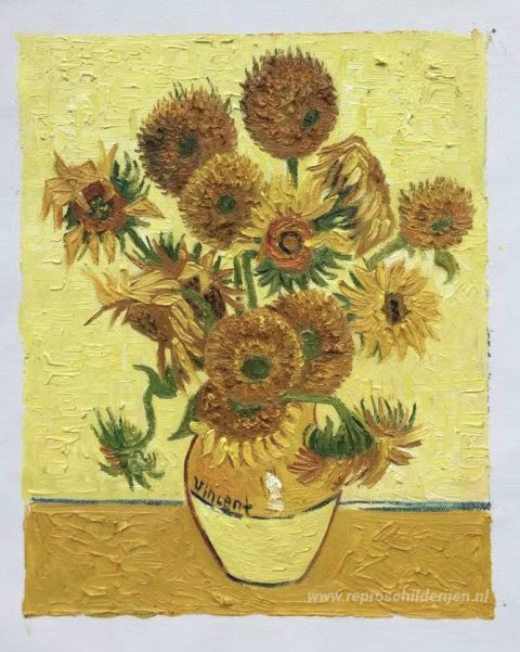 Stilleven - Vaas met vijftien zonnebloemen – met de hand geschilderde reproductie, foto van het voltooide schilderij
