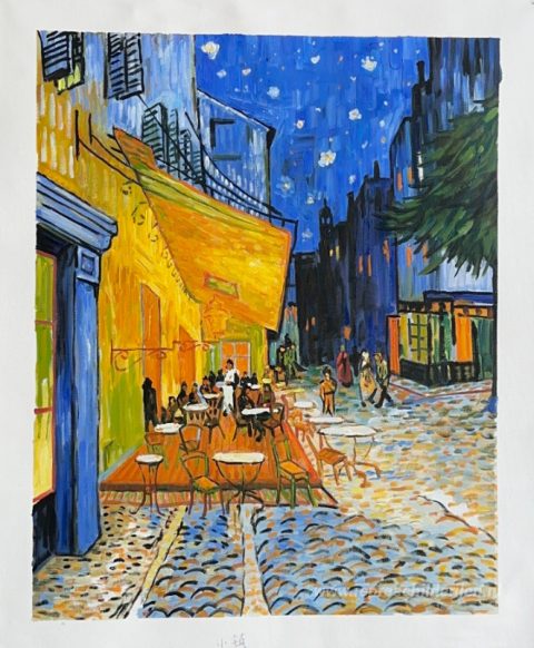 Caféterras bij nacht – met de hand geschilderde reproductie, foto van het voltooide schilderij