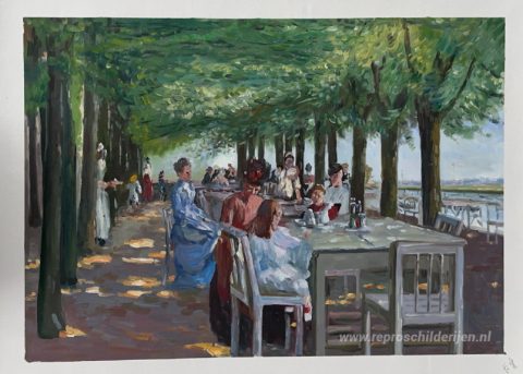 Het terras bij restaurant Jacob in Nienstedten aan de Elbe – met de hand geschilderde reproductie, foto van het voltooide schilderij