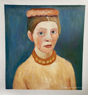 Zelfportret met rode bloemenkrans en ketting