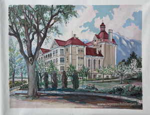 Het oude gebouw in de stand van bomen