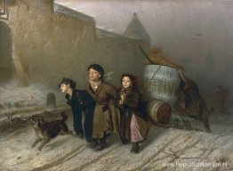 Trojka. Leerlingarbeiders die water vervoeren Trojka. Leerlingarbeiders die water vervoeren