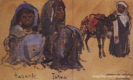 Twee vrouwenfiguren. Een mannenfiguur met een ezel. Twee vrouwenfiguren. Een mannenfiguur met een ezel.