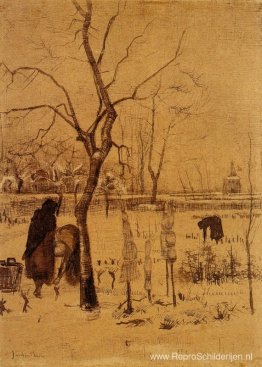 Pastorietuin in de sneeuw met drie figuren Pastorietuin in de sneeuw met drie figuren