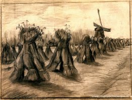 Tarweveld met schoven en een windmolen Tarweveld met schoven en een windmolen