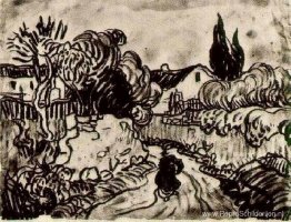 Landschap met huizen tussen bomen en een figuur Landschap met huizen tussen bomen en een figuur