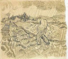 Afgesloten veld met een zaaier in de regen Afgesloten veld met een zaaier in de regen