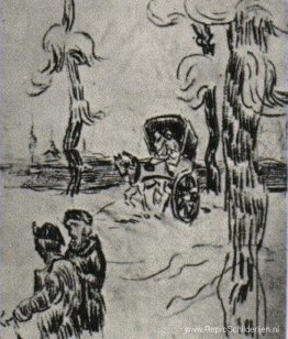 Koets en twee figuren op een weg Koets en twee figuren op een weg
