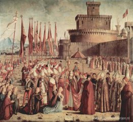 De pelgrims ontmoeten paus Cyriac voor de muren van Rome De pelgrims ontmoeten paus Cyriac voor de muren van Rome