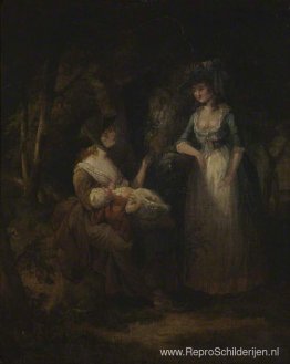 Twee vrouwen met een baby in gesprek in een bos Twee vrouwen met een baby in gesprek in een bos