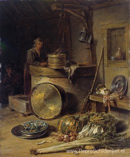 Boereninterieur met vrouw bij een waterput Boereninterieur met vrouw bij een waterput