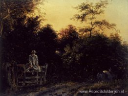 Landschap met een spoor en een man zittend op een hek Landschap met een spoor en een man zittend op een hek