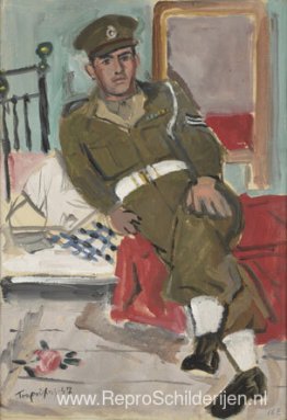 Gendarmerie zittend op bed met een gevallen roos Gendarmerie zittend op bed met een gevallen roos