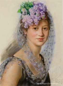 Portret van Berthe Popoff in een bloemenfascinator Portret van Berthe Popoff in een bloemenfascinator